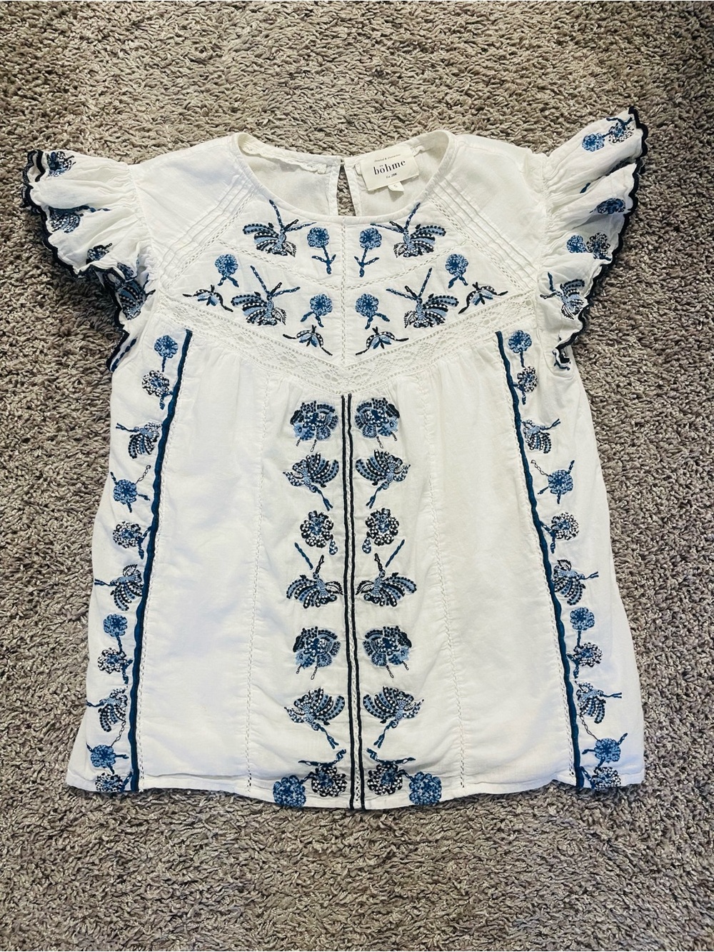 Bohme cotton White Top with Blue Floral Embroidery